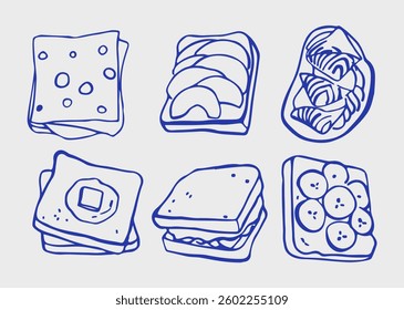 A set of doodle illustrations of sandwiches
