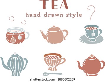 A set of doodle illustrations of tea time such as tea, mugs, tea packs, teapots, etc.