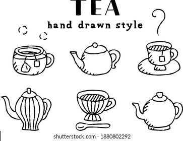 A set of doodle illustrations of tea time such as tea, mugs, tea packs, teapots, etc.