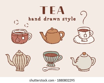 A set of doodle illustrations of tea time such as tea, mugs, tea packs, teapots, etc.
