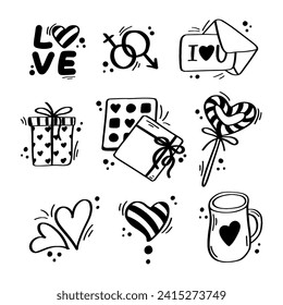 Conjunto de ilustraciones de doodle. Iconos vectoriales de San Valentín.