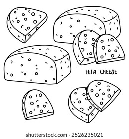 set of doodle illustrations of various pieces of Feta cheese, highlighted on a white. A whole piece of pressed dairy product with sliced pieces. Greek curd cheese made from sheep's milk or milk beans.