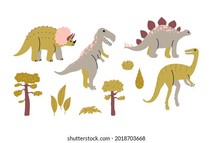 Set of doodle illustrations of Velociraptor, Tyrannosaurus Rex, Stegosaurus, Triceratops, pines, juniper bushes and leaves. Pretty childish drawings in trendy colors. Vector isolated on white.