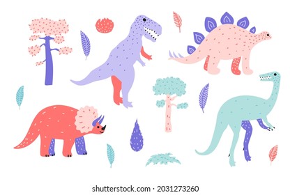 Set of doodle illustrations of Velociraptor, Tyrannosaurus Rex, Stegosaurus, Triceratops, pines, juniper bushes and leaves. Pretty childish drawings in pastel colors. Vector isolated on white.