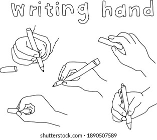 A set of doodle illustrations of the writing hand.
There are pens, pencils, chalks, etc.