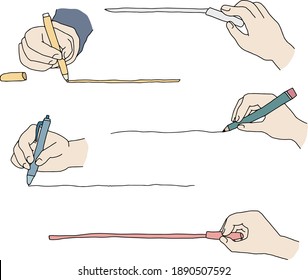 Ensemble d'illustrations de gribouillis de la main d'écriture.
Il y a des stylos, des crayons, des craies, etc.