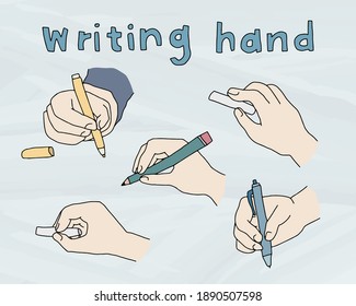 A set of doodle illustrations of the writing hand.
There are pens, pencils, chalks, etc.