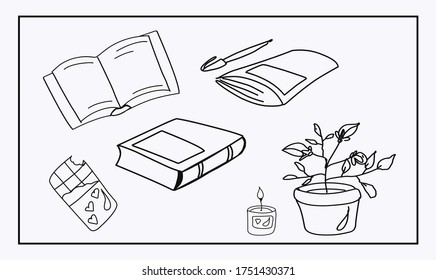 A set of Doodle images about reading. Books, notebook, pen, potted flower, mood chocolate, scented candle. Isolated images on a white background.