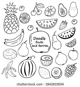 A set of doodle images of fruits and berries. Vector image. Hand-drawn image for print, web, textile.