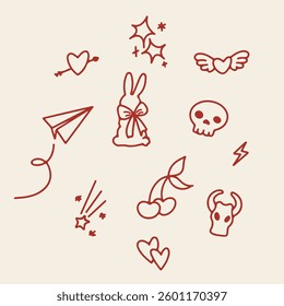 A set of doodle images of a skull, rabbit, paper airplane, hearts and sparkles