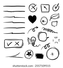 Set of doodle images such as underline, love, star etc