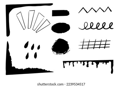 Set doodle ink, brush design elements, decorations abstract free hand brush drawing isolated on white background.