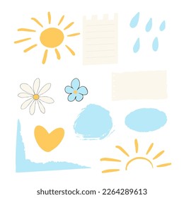Set doodle ink, brush design elements with flowers,sun, rain drops, decorations abstract free hand brush drawing isolated on white background.