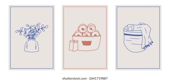 Set of doodle interior posters with decorative vase, toilet paper storage basket, and soft towel container. Minimalist hand-drawn bathroom and home decor illustrations in muted tones.