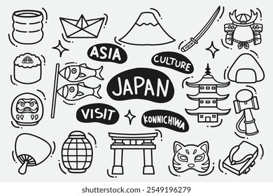 conjunto de doodle japão bom para fundo, papel de parede, design de elemento, ícones, etc