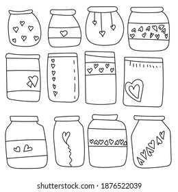 Conjunto de jarras de doodle con corazones, adorables contenedores con símbolos de amor y positivo, contenedores de contorno para la ilustración de los vectores de emociones