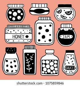 Set of doodle jars on pink. Hand drawn vector illustration of cute different shape jars and bottles: jam, sauce, honey. Black and white sketch. 