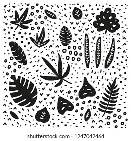Set of doodle jungle leaves with dots, symbols around isolated on white background.