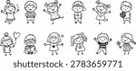 Set of doodle kids characters in different poses. Black and white vector collection with boys and girls for kindergarten, preschool, school posters, stickers, coloring pages and educational materials.