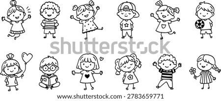 Set of doodle kids characters in different poses. Black and white vector collection with boys and girls for kindergarten, preschool, school posters, stickers, coloring pages and educational materials.