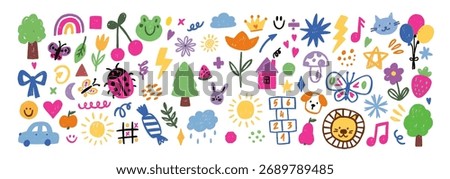 Set doodle kids elements with crayon, pastel or chalk texture. Cute car, tree, animal, flower and star. Color vector illustration.