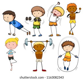 A Set Of Doodle Kids Exercise Illustration