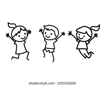 Set of doodle kids figures. Cute stick boys and girls jumping. Vector illustration isolated on white