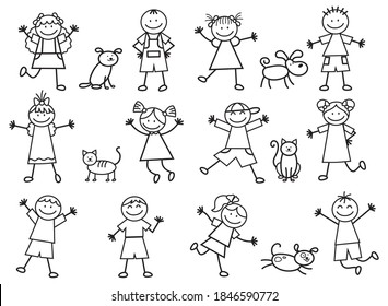 Set of doodle kids figures with pets. Collection of  happy cartoon children's. Vector illustration of cute stick figures of boys and girls. Hand-drawn.