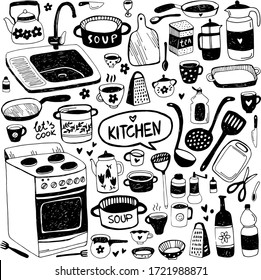 Set Of Doodle Kitchen Tools.