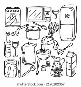 Set of doodle kitchen tools. Doodle kitchen equipment. Vector illustration isolated on white background. Perfect for wallpaper, pattern fills, textile, etc.