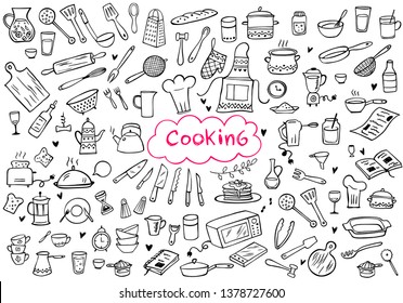 Set of doodle kitchen tools on white background. Doodle kitchen equipments. Vector illustration. Can be used for wallpaper, pattern fills, textile, web page background, surface textures.