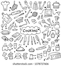 Set of doodle kitchen tools on white. Vector illustration. Perfect for wallpaper, pattern fills, textile, web page background, surface textures.