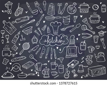 Set of doodle kitchen tools on chalkboard. Vector illustration. Perfect for wallpaper, pattern fills, textile, web page background, surface textures.