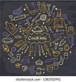 Set of doodle kitchen tools on chalkboard. Doodle kitchen equipments. Vector. Can be used for wallpaper, pattern fills, textile, web page background, surface textures. Baking tools in circle shape.