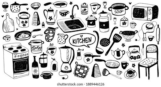 Set of doodle kitchen tools on white background. Hand drawn cooking icons set. Vector illustration. Stove, sink, microwave oven, tableware, pots, plates, mugs, pans, cooking accessories.