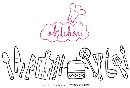 Set of doodle kitchen tools on white background. Doodle kitchen equipments. Vector illustration. Can be used for wallpaper, pattern fills, textile, web page background, surface textures.