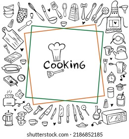 Set of doodle kitchen tools on white background. Doodle kitchen equipments. Vector illustration. Can be used for wallpaper, pattern fills, textile, web page background, surface textures.