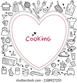 Set of doodle kitchen tools on white background. Doodle kitchen equipments. Vector illustration. Can be used for wallpaper, pattern fills, textile, web page background, surface textures.