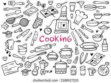 Set of doodle kitchen tools on white background. Doodle kitchen equipments. Vector illustration. Can be used for wallpaper, pattern fills, textile, web page background, surface textures.