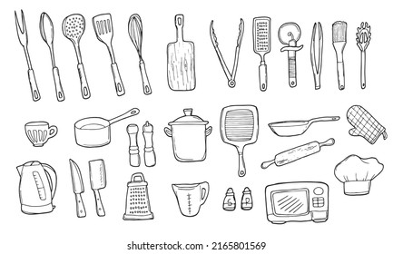 Set of doodle kitchen utensil outline in black isolated over white background. Vector sketch in line