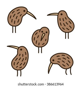 Set of doodle kiwi birds in different poses. Simple and cute hand drawn illustration.