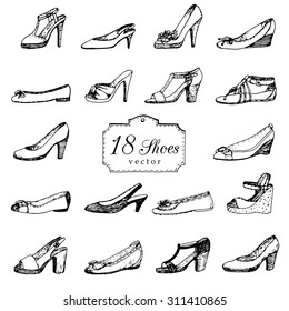 Set of doodle lady's shoes. Shopping illustration.