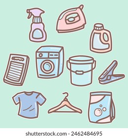 Set Doodle Laundry Theme Vector Design Element Illustration Collection. Editable Line. Adjustable Stroke Width.