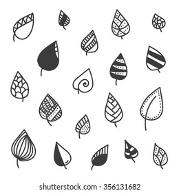 Set of doodle leaves isolated on white background.