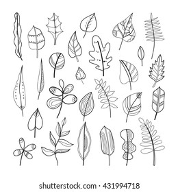 Set of doodle leaves, plants for coloring book