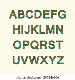 Set of doodle letters including all alphabet with abstract pattern on them.