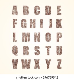 Set of doodle letters including entire alphabet with abstract pattern on them.