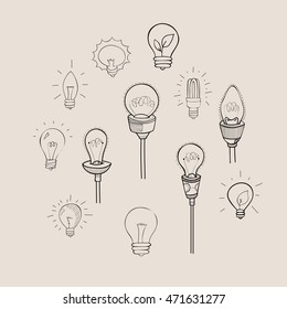 a set of doodle light bulbs, creative design, light bulb icons, various shapes of bulbs, vector illustration