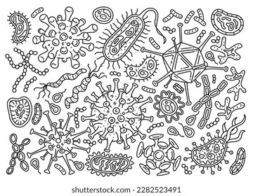 Set of doodle line bacterias. Collection of microbes and viruses in organism. Pathogen and microorganism. Medicine and biology. Cartoon flat vector illustrations isolated on white background