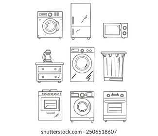 El conjunto de dibujos de línea doodle electrodomésticos sobre fondo blanco: lavadora y secadora, nevera, cocina eléctrica y de gas, microondas, cafetera